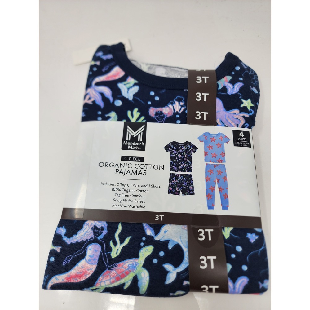 Member's Mark Girls Mermaid Starfish 4-Piece Pajama Set Blue Cotton Size 3T
